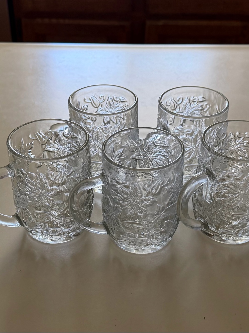 Princess House Clear Floral Embossed Glass Mugs - Set of 5